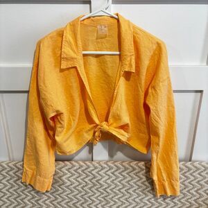 CALIA Tie Front Long Sleeve Linen Beach Shirt Swim Cover Up Sunrise Orange Large